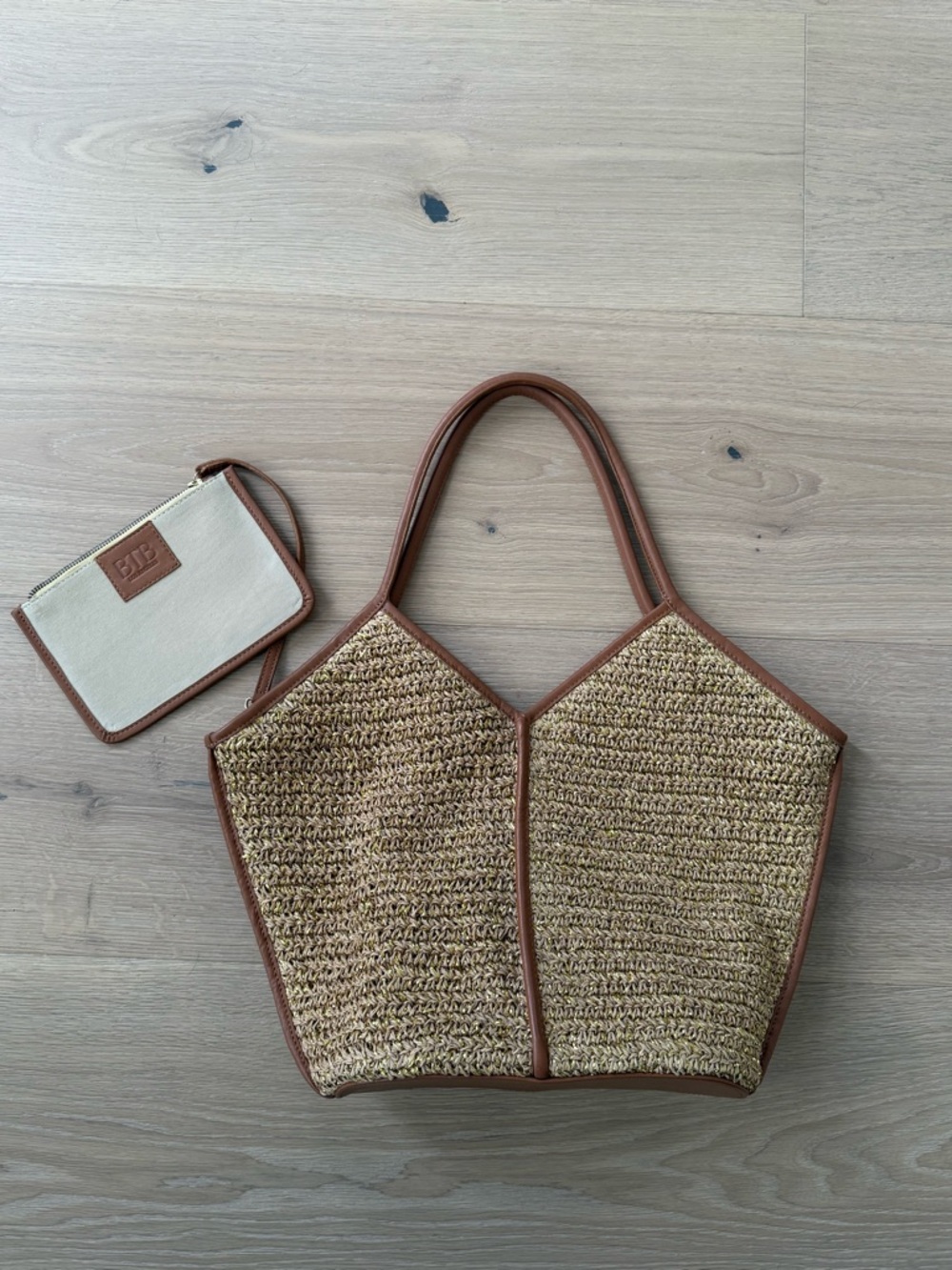 Natural Woven Tote with Tan Trim and Handles - Picture 3 of 5